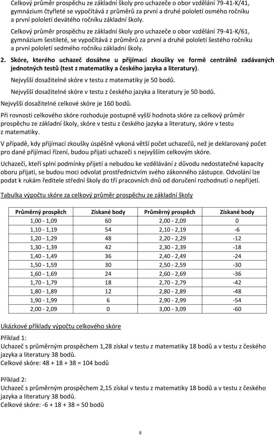 Celkový průměr prospěchu ze základní školy pro uchazeče o obor vzdělání 79-41-K/61, gymnázium šestileté, se vypočítává z průměrů za první a druhé pololetí šestého ročníku a první pololetí sedmého  2.