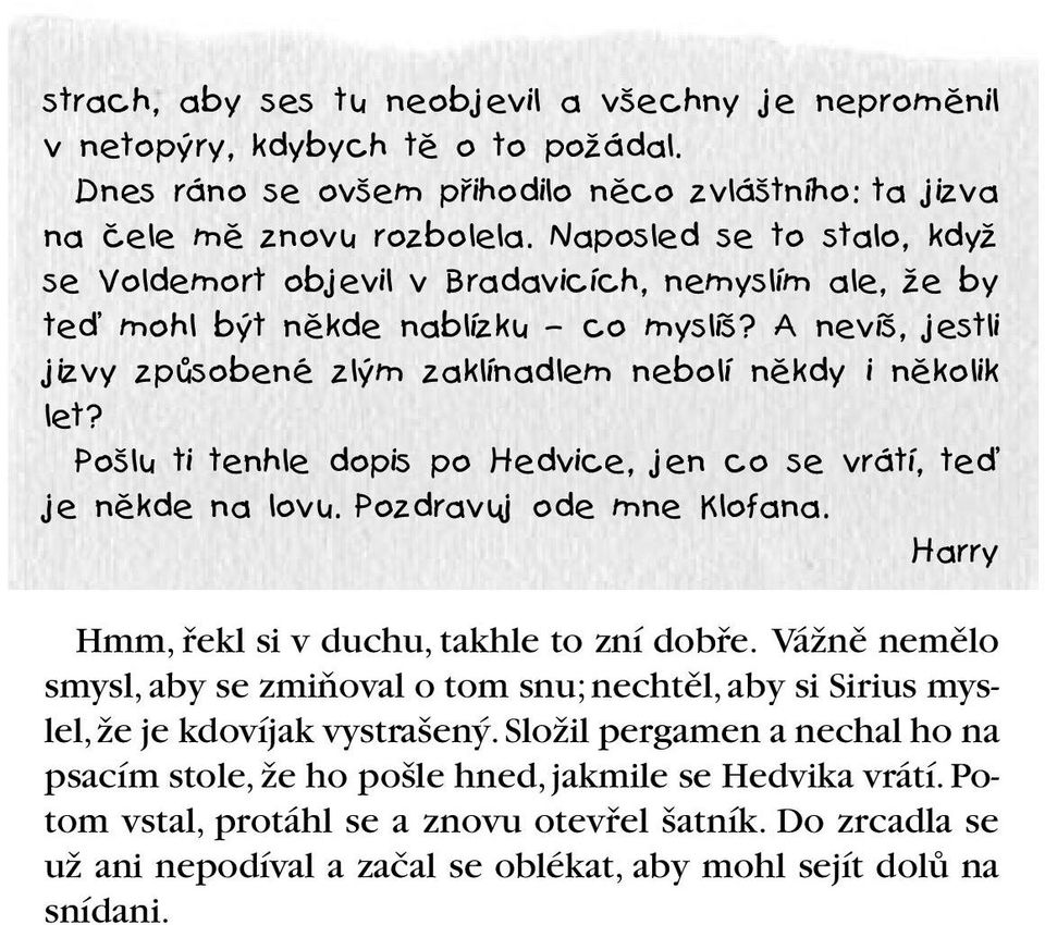 Po lu ti tenhle dopis po Hedvice, jen co se vrátí, teì je nûkde na lovu. Pozdravuj ode mne Klofana. Harry Hmm, fiekl si v duchu, takhle to zní dobfie.