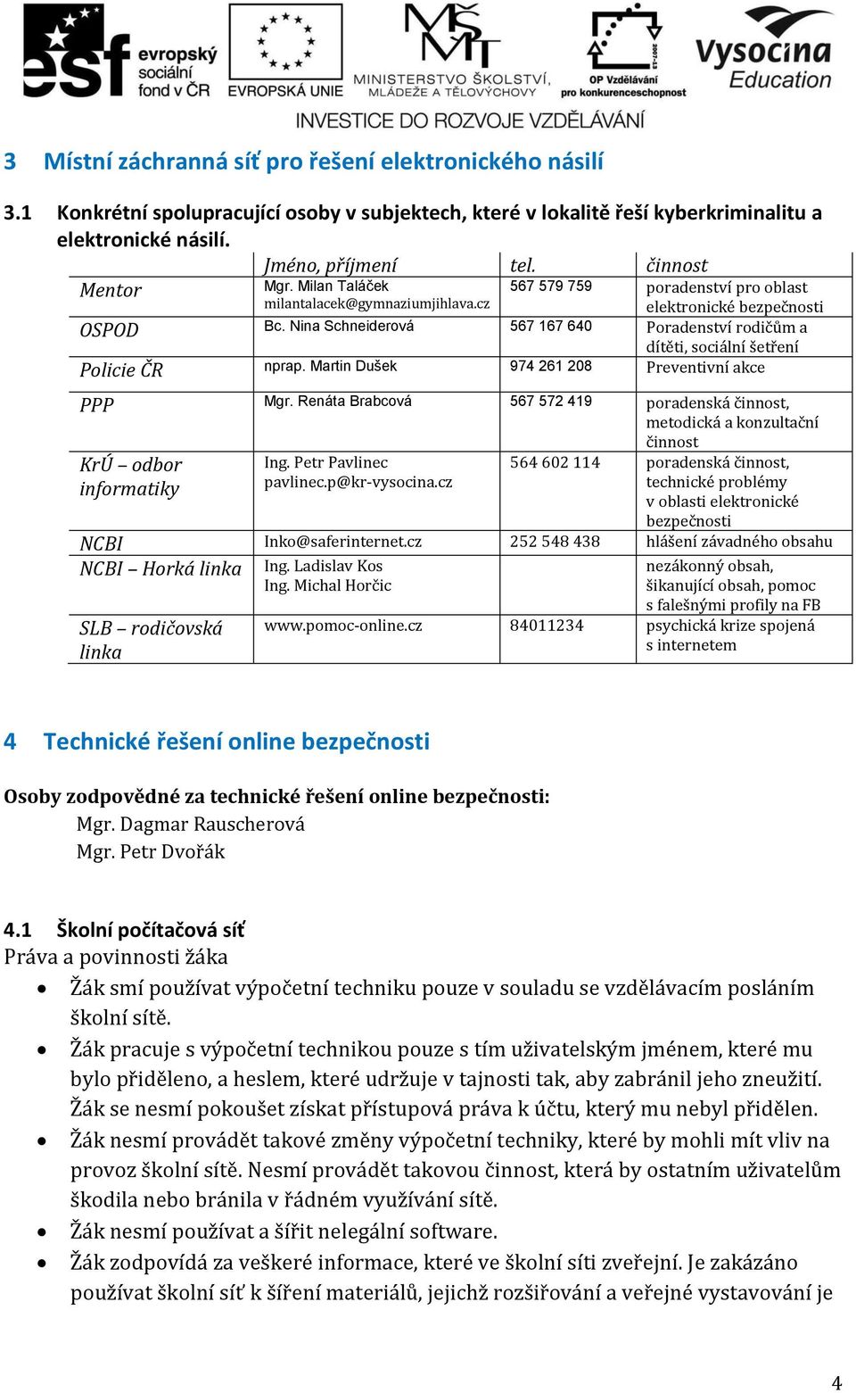 Nina Schneiderová 567 167 640 Poradenství rodičům a dítěti, sociální šetření Policie ČR nprap. Martin Dušek 974 261 208 Preventivní akce PPP Mgr.