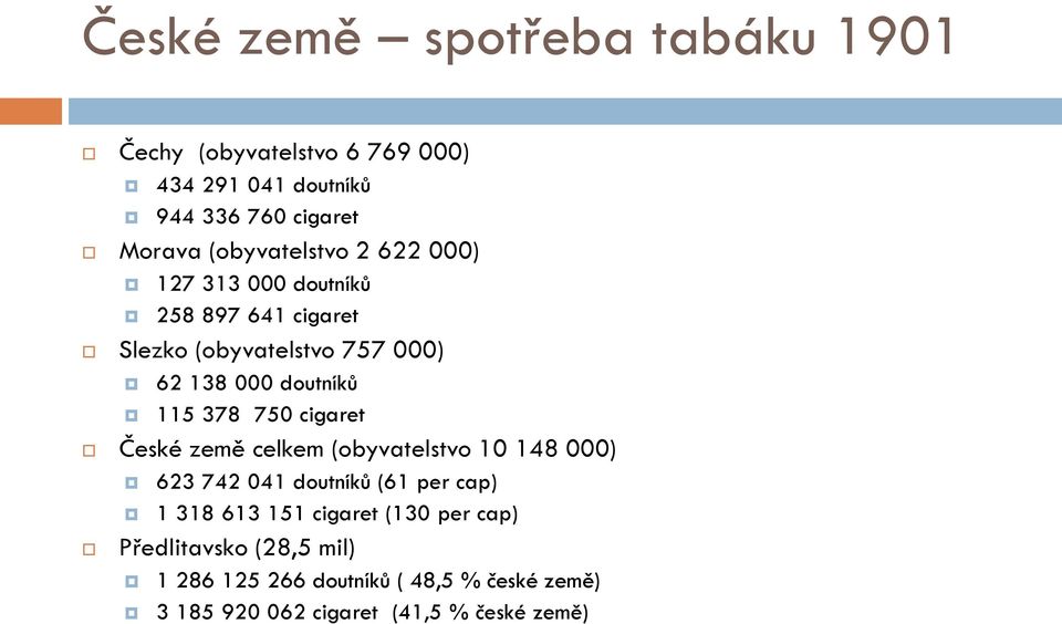 115 378 750 cigaret České země celkem (obyvatelstvo 10 148 000) 623 742 041 doutníků (61 per cap) 1 318 613 151