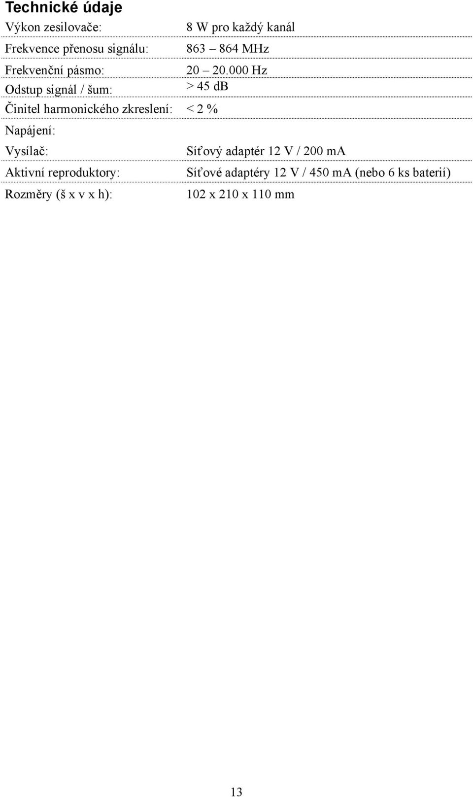 reproduktory: Rozměry (š x v x h): 8 W pro každý kanál 863 864 MHz 20 20.