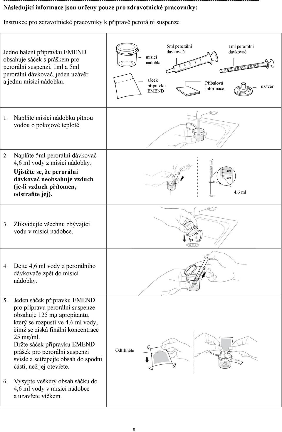 nádobku. mísicí nádobka sáček přípravku EMEND 5ml perorální dávkovač Příbalová informace 1ml perorální dávkovač uzávěr 1. Naplňte mísicí nádobku pitnou vodou o pokojové teplotě. 2.