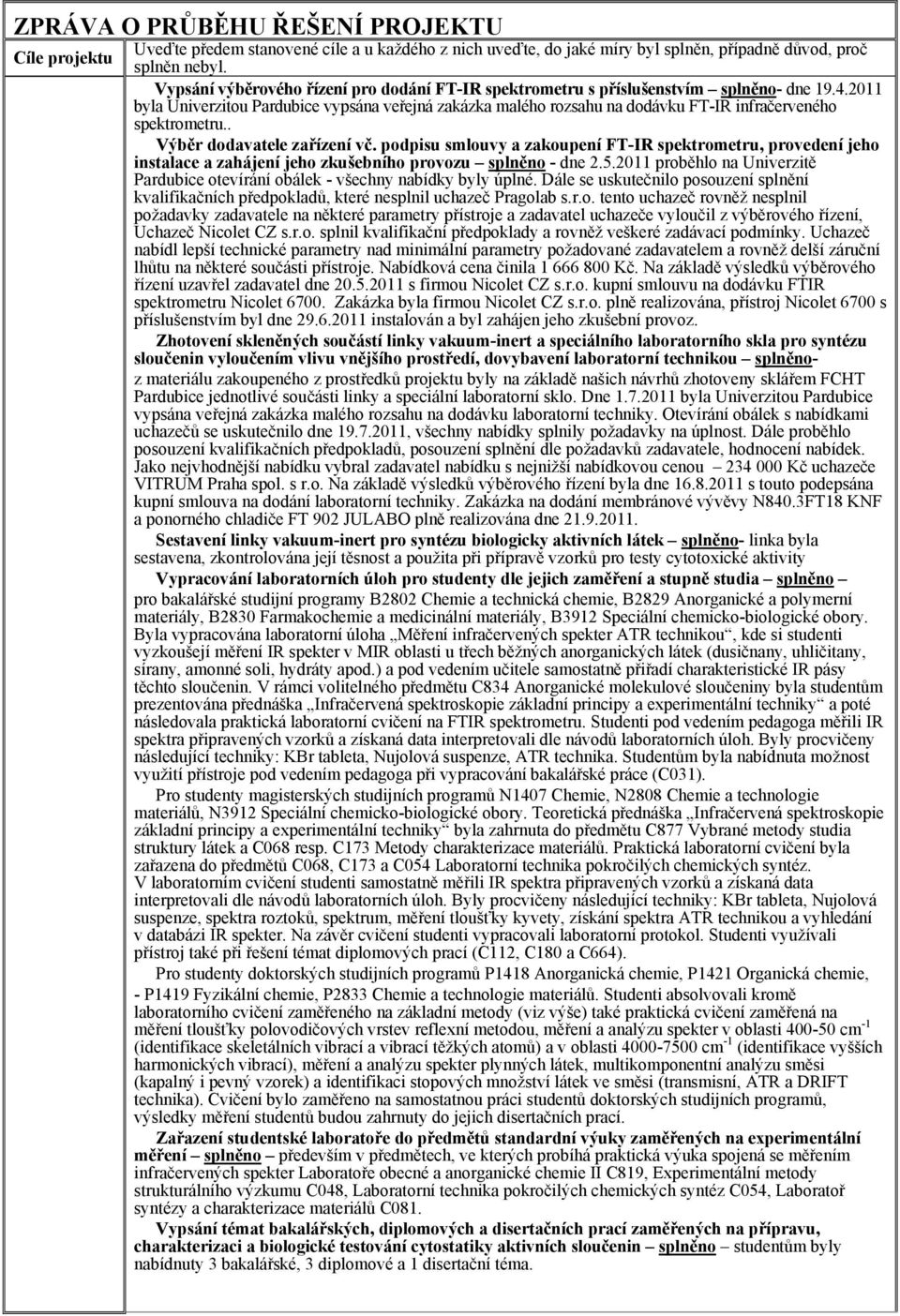 2011 byla Univerzitou Pardubice vypsána veřejná zakázka malého rozsahu na dodávku FT-IR infračerveného spektrometru.. Výběr dodavatele zařízení vč.