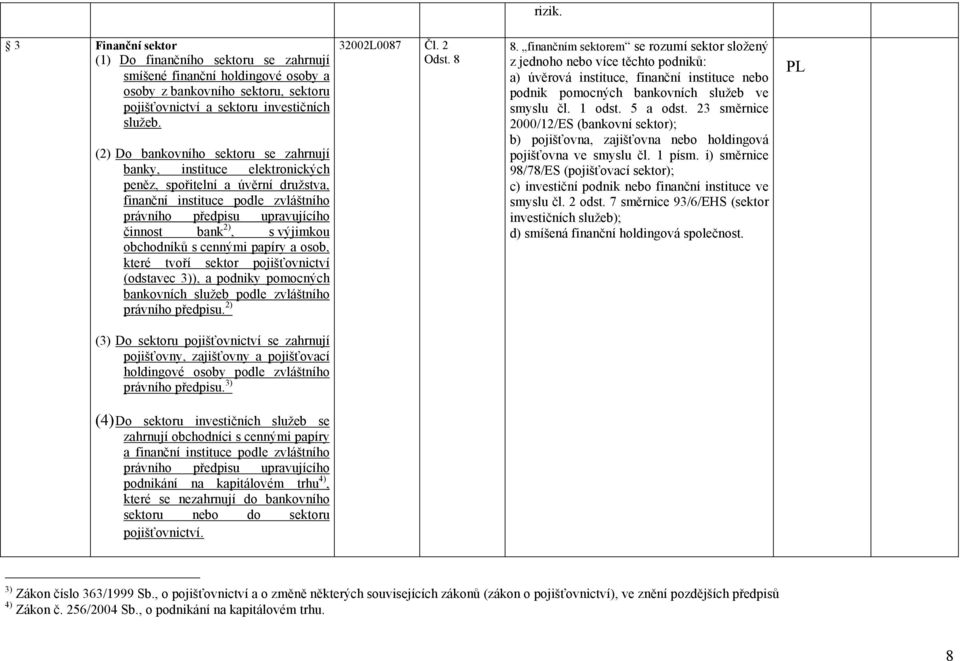 výjimkou obchodníků s cennými papíry a osob, které tvoří sektor pojišťovnictví (odstavec 3)), a podniky pomocných bankovních služeb podle zvláštního právního předpisu. 2) 32002L0087 Čl. 2 Odst. 8 8.