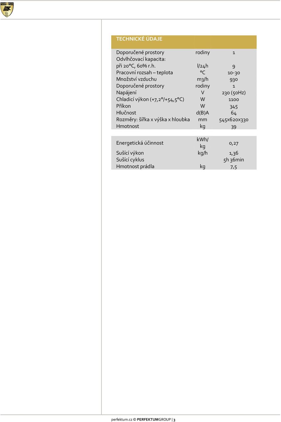 l/24h 9 Pracovní rozsah teplota C 10-30 Množství vzduchu m3/h 930 Doporučené prostory rodiny 1 Napájení V 230 (50Hz)