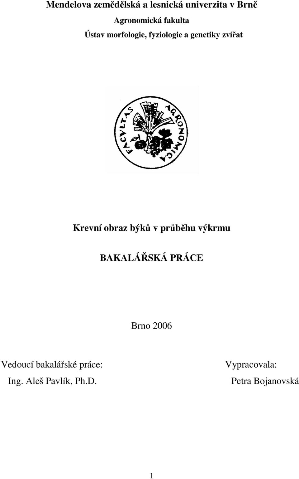 obraz býků v průběhu výkrmu BAKALÁŘSKÁ PRÁCE Brno 2006 Vedoucí