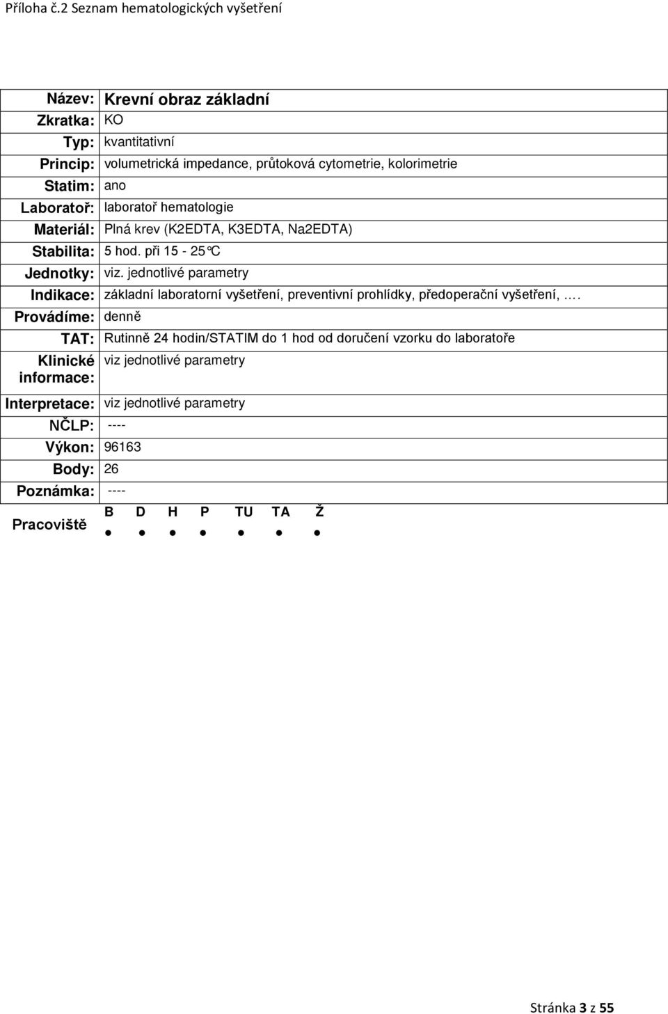 jednotlivé parametry Indikace: základní laboratorní vyšetření, preventivní prohlídky,