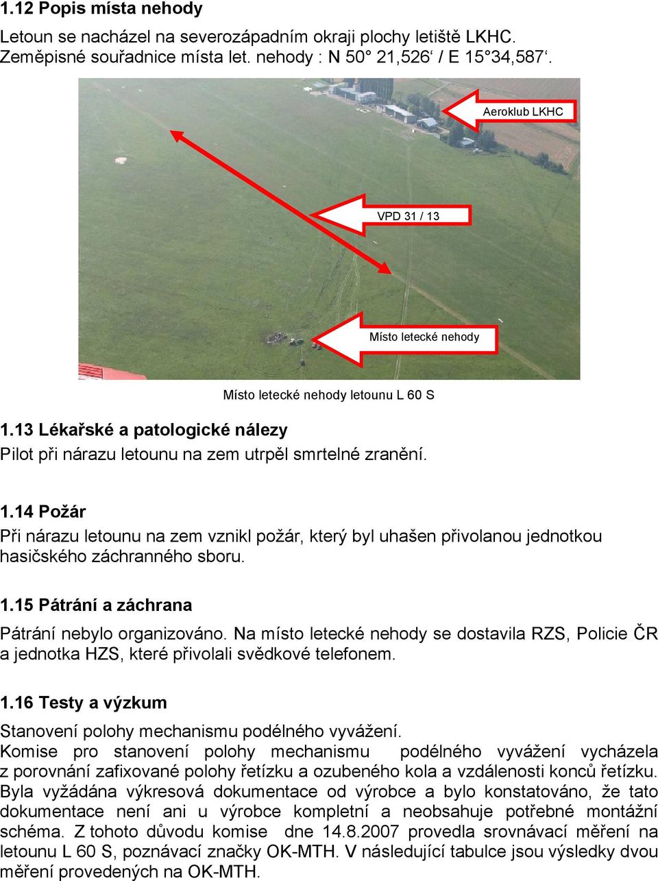 1.15 Pátrání a záchrana Pátrání nebylo organizováno. Na místo letecké nehody se dostavila RZS, Policie ČR a jednotka HZS, které přivolali svědkové telefonem. 1.