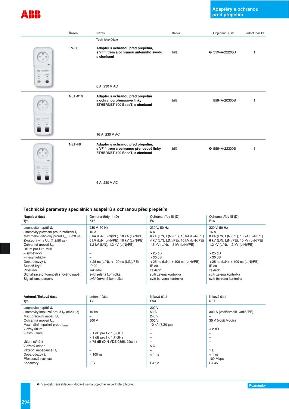 100 BaseT, s clonkami 6 A, 230 V AC Technické parametry speciálních adaptérů s ochranou před přepětím Napájecí část Ochrana třídy III (D) Ochrana třídy III (D) Ochrana třídy III (D) Typ X16 F6 F16