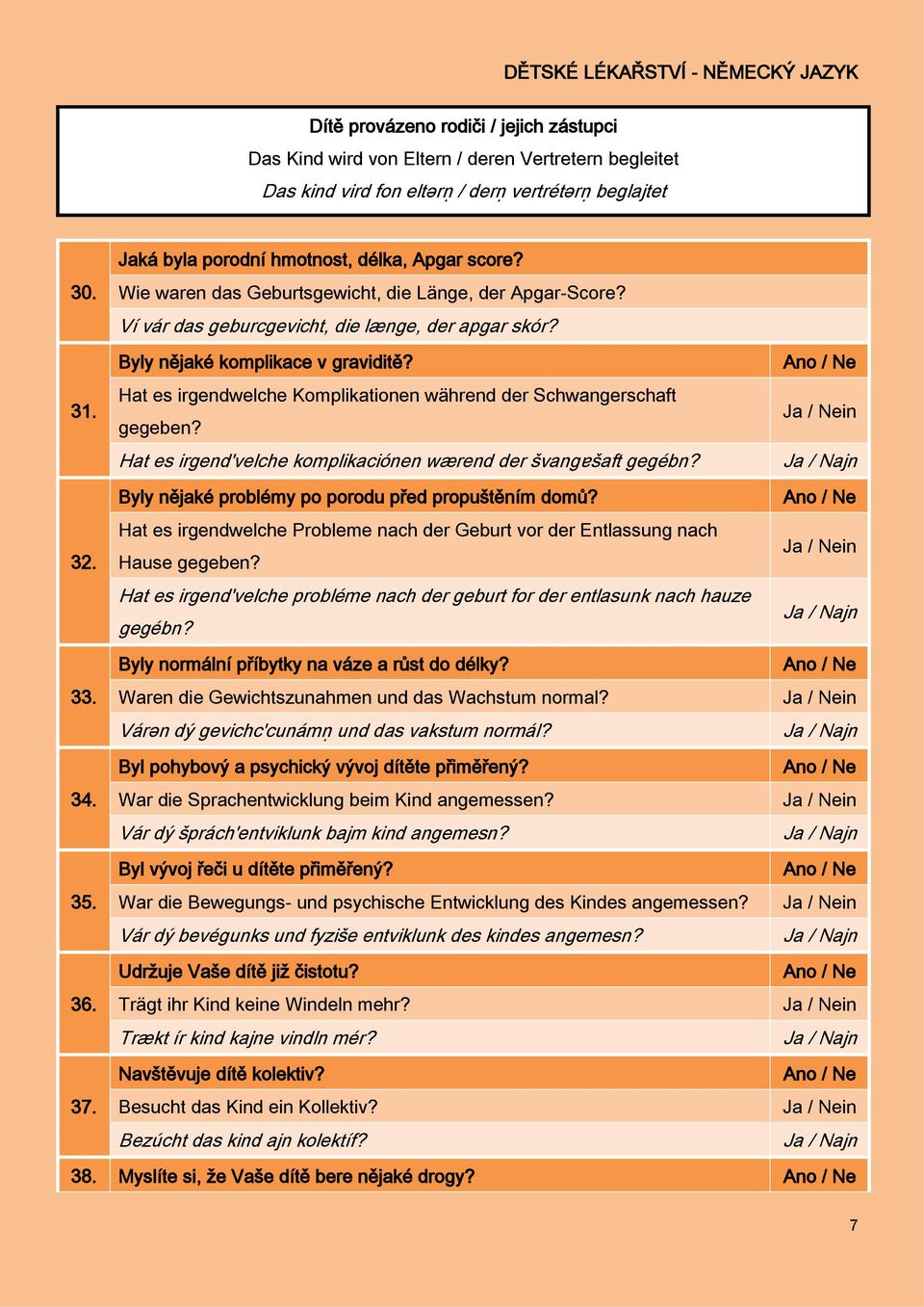 Hat es irgendwelche Komplikationen während der Schwangerschaft gegeben? Hat es irgend'velche komplikaciónen wærend der švangɐšaft gegébn? Byly nějaké problémy po porodu před propuštěním domů?