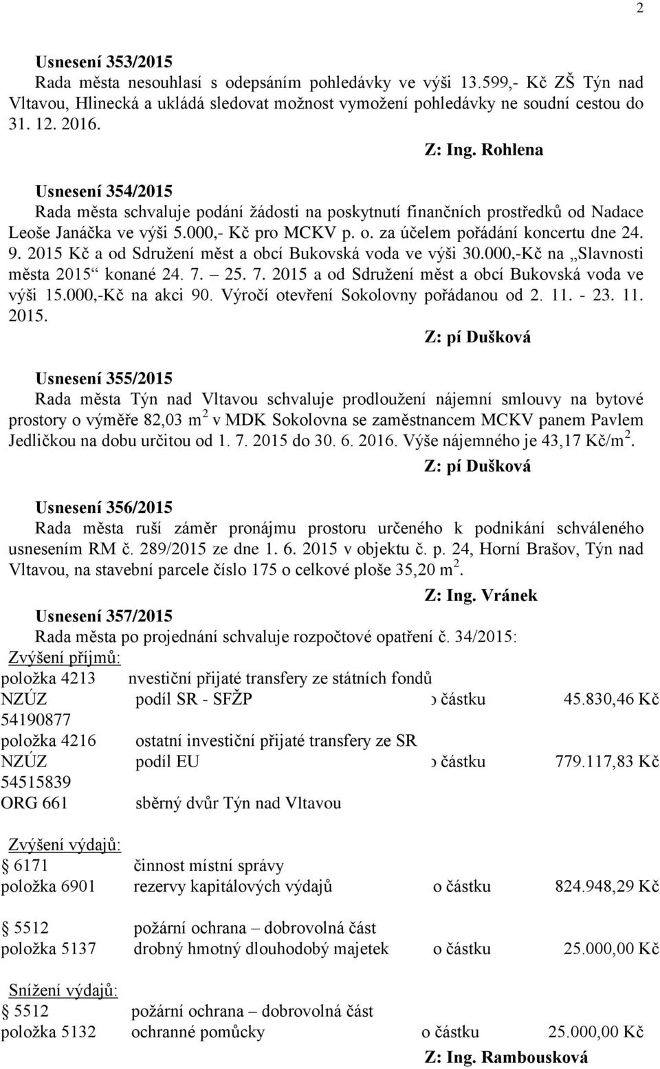 2015 Kč a od Sdružení měst a obcí Bukovská voda ve výši 30.000,-Kč na Slavnosti města 2015 konané 24. 7. 25. 7. 2015 a od Sdružení měst a obcí Bukovská voda ve výši 15.000,-Kč na akci 90.