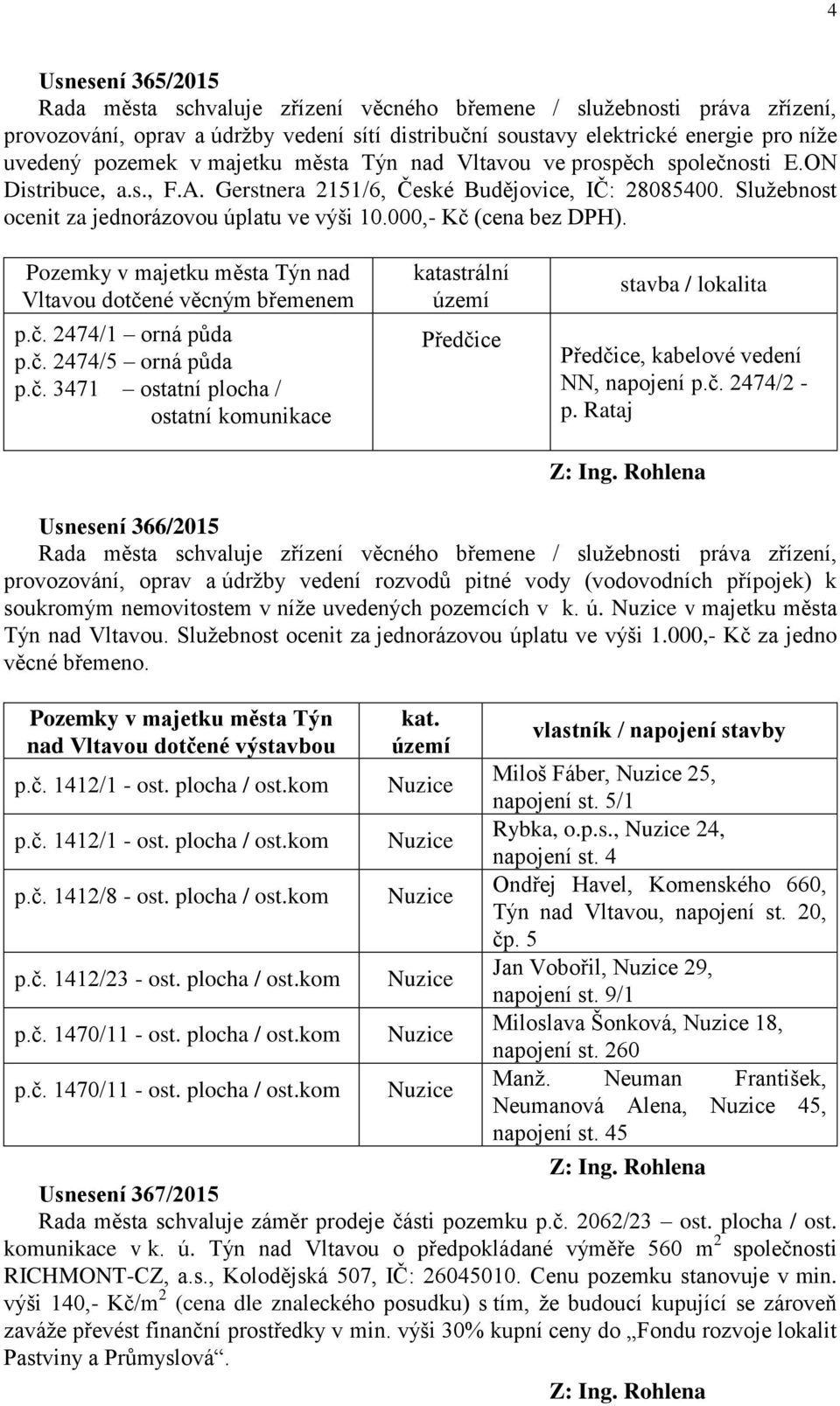 000,- Kč (cena bez DPH). Pozemky v majetku města Týn nad Vltavou dotčené věcným břemenem p.č. 2474/1 orná půda p.č. 2474/5 orná půda p.č. 3471 ostatní plocha / ostatní komunikace katastrální území Předčice stavba / lokalita Předčice, kabelové vedení NN, napojení p.