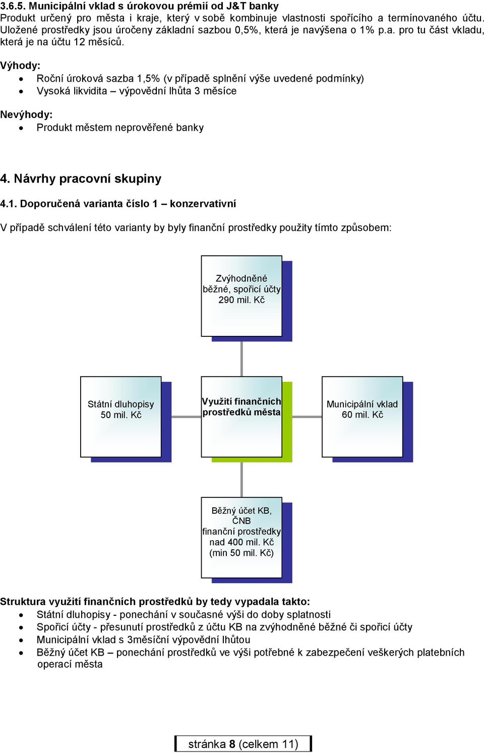 Roční úroková sazba 1,5% (v případě splnění výše uvedené podmínky) Vysoká likvidita výpovědní lhůta 3 měsíce Produkt městem neprověřené banky 4. Návrhy pracovní skupiny 4.1. Doporučená varianta číslo 1 konzervativní V případě schválení této varianty by byly finanční prostředky použity tímto způsobem: Zvýhodněné běžné, spořicí účty 290 mil.