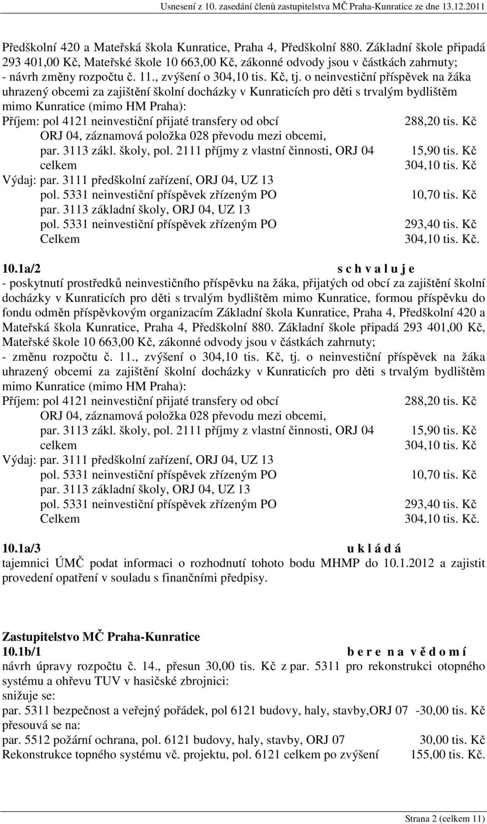 o neinvestiční příspěvek na žáka uhrazený obcemi za zajištění školní docházky v Kunraticích pro děti s trvalým bydlištěm mimo Kunratice (mimo HM Praha): Příjem: pol 4121 neinvestiční přijaté