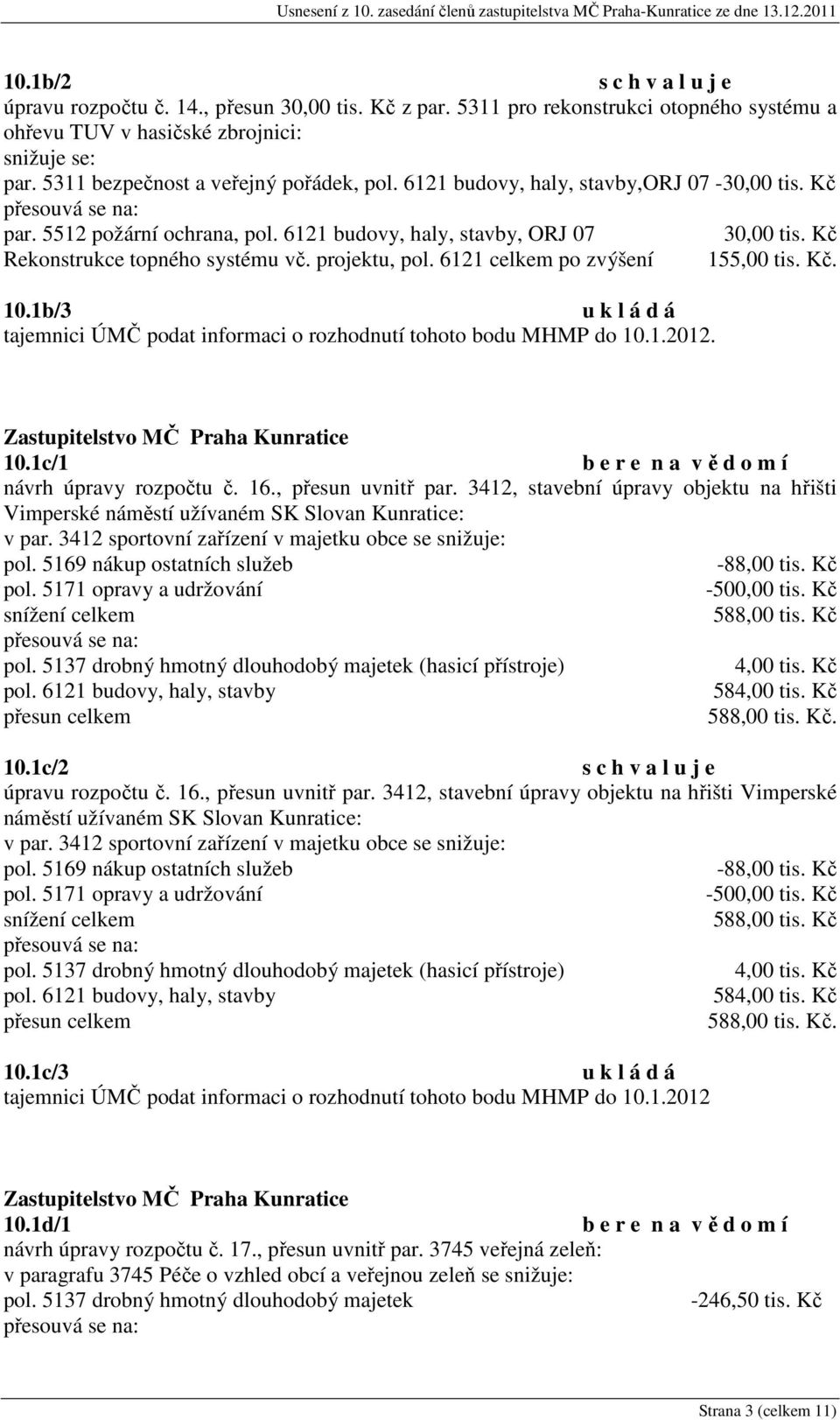 6121 celkem po zvýšení 155,00 tis. Kč. 10.1b/3 tajemnici ÚMČ podat informaci o rozhodnutí tohoto bodu MHMP do 10.1.2012. 10.1c/1 návrh úpravy rozpočtu č. 16., přesun uvnitř par.