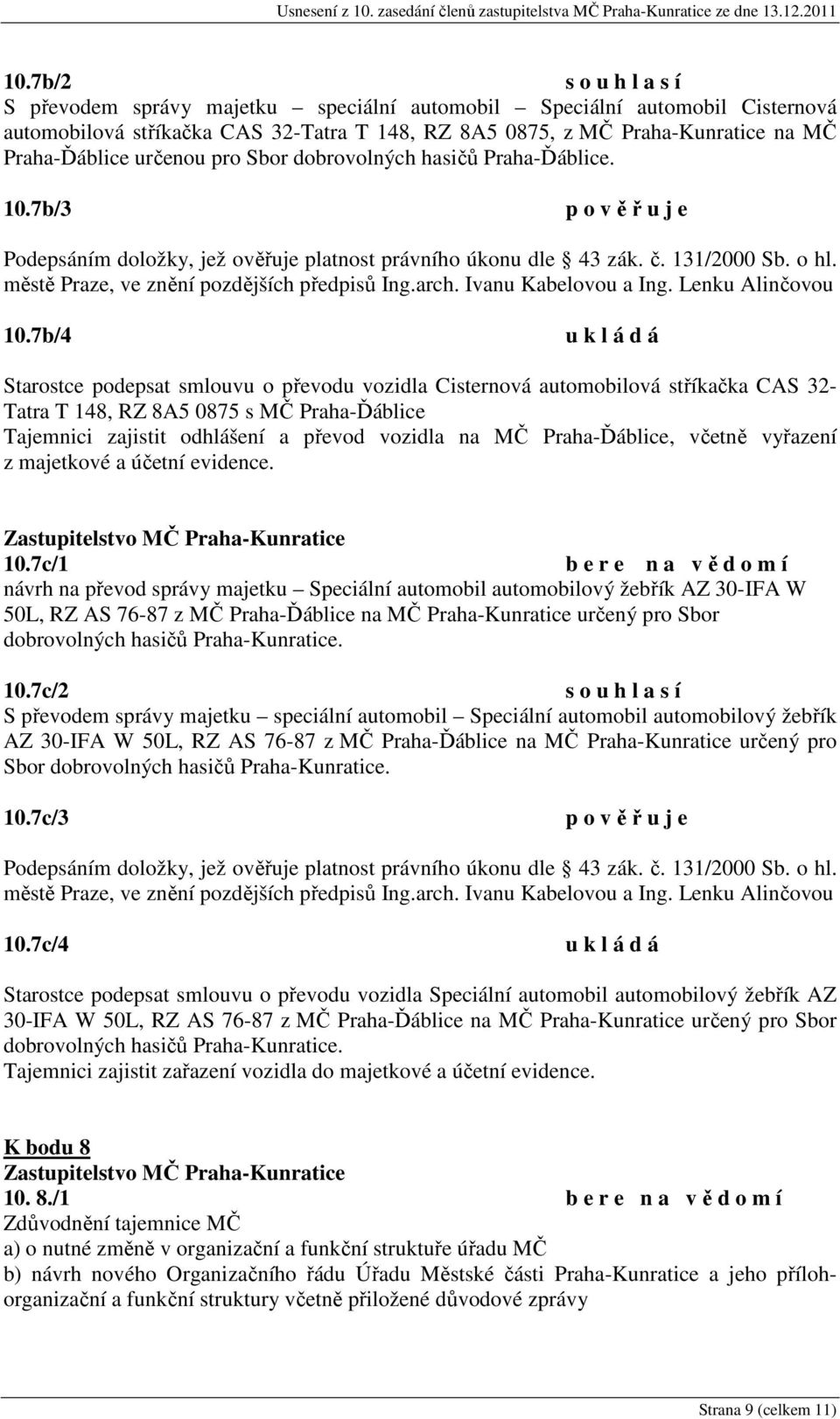 městě Praze, ve znění pozdějších předpisů Ing.arch. Ivanu Kabelovou a Ing. Lenku Alinčovou 10.
