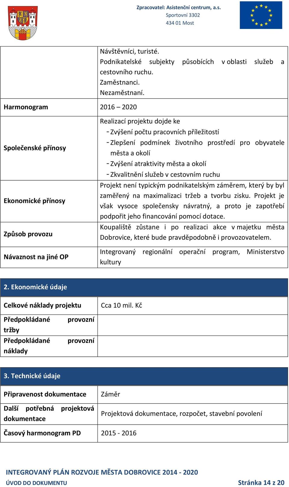 města a okolí - Zvýšení atraktivity města a okolí - Zkvalitnění služeb v cestovním ruchu Projekt není typickým podnikatelským záměrem, který by byl zaměřený na maximalizaci tržeb a tvorbu zisku.