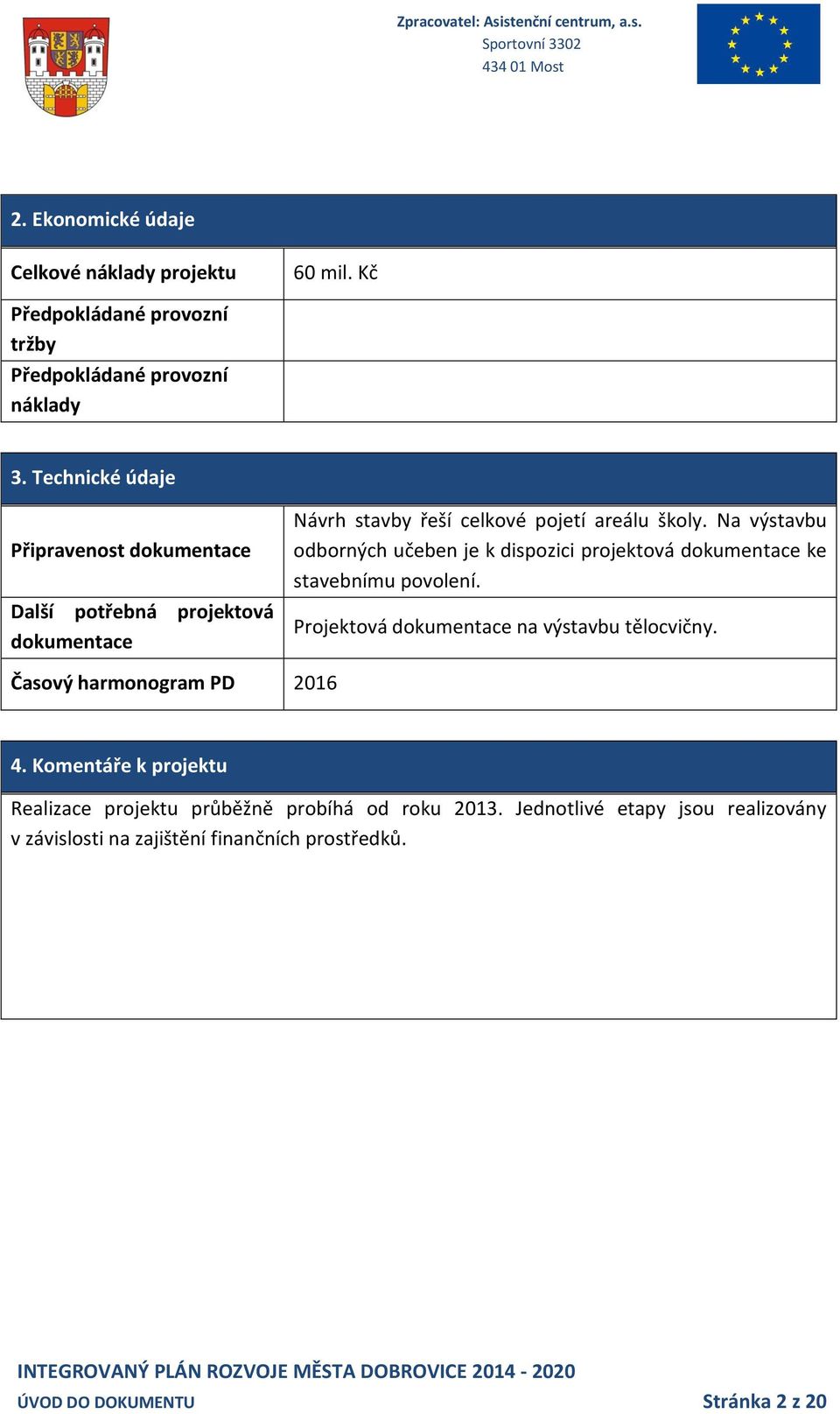 Na výstavbu odborných učeben je k dispozici projektová dokumentace ke stavebnímu povolení. Projektová dokumentace na výstavbu tělocvičny.