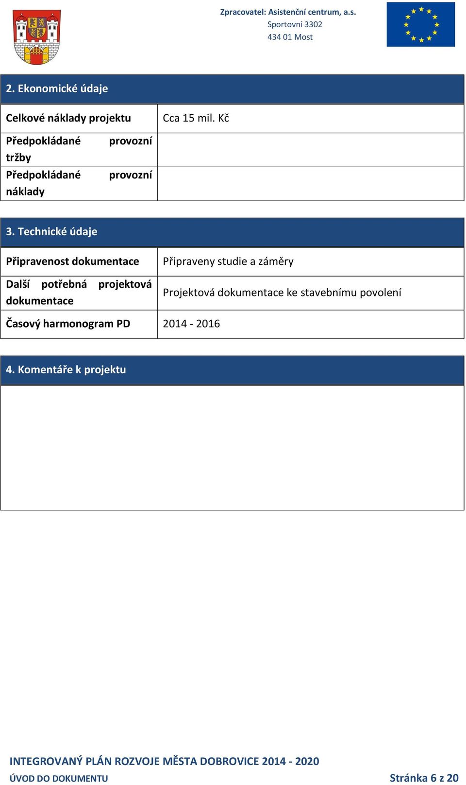 Připraveny studie a záměry Projektová dokumentace ke stavebnímu povolení Časový