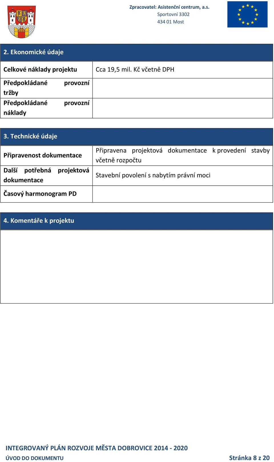 Připravena projektová dokumentace k provedení stavby včetně rozpočtu Stavební povolení s