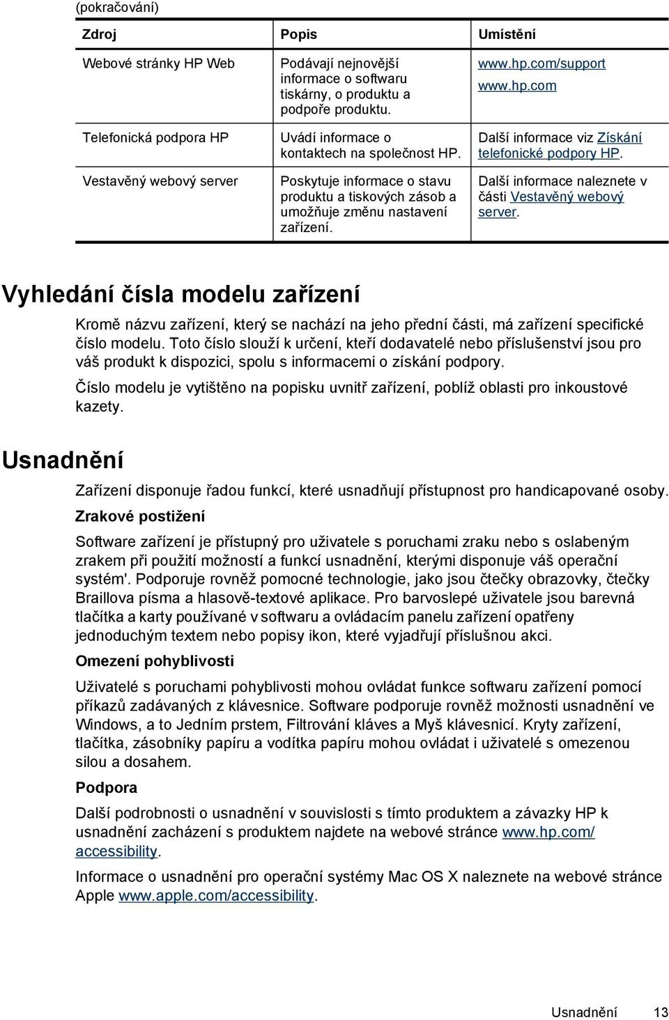 com/support www.hp.com Další informace viz Získání telefonické podpory HP. Další informace naleznete v části Vestavěný webový server.