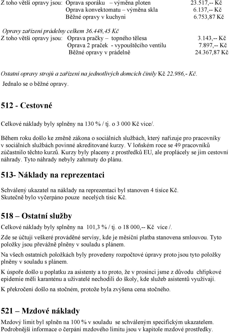 367,87 Kč Ostatní opravy strojů a zařízení na jednotlivých domcích činily Kč 22.986,- Kč. Jednalo se o běžné opravy. 512 - Cestovné Celkové náklady byly splněny na 130 % / tj. o 3 000 Kč více/.