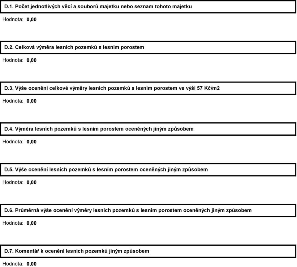 Výše ocenění celkové výměry lesních pozemků s lesním porostem ve výši 57 Kč/m2 Hodnota: D.4.