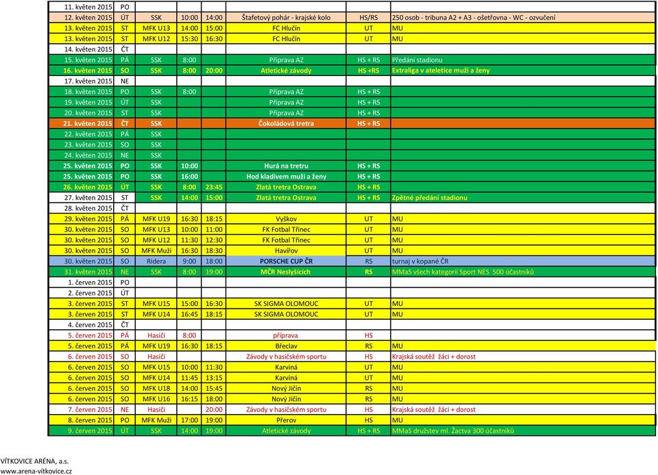 květen 2015 SO SSK 8:00 20:00 Atletické závody HS +RS Extraliga v ateletice muži a ženy 17. květen 2015 NE 18. květen 2015 PO SSK 8:00 Příprava AZ HS + RS 19.