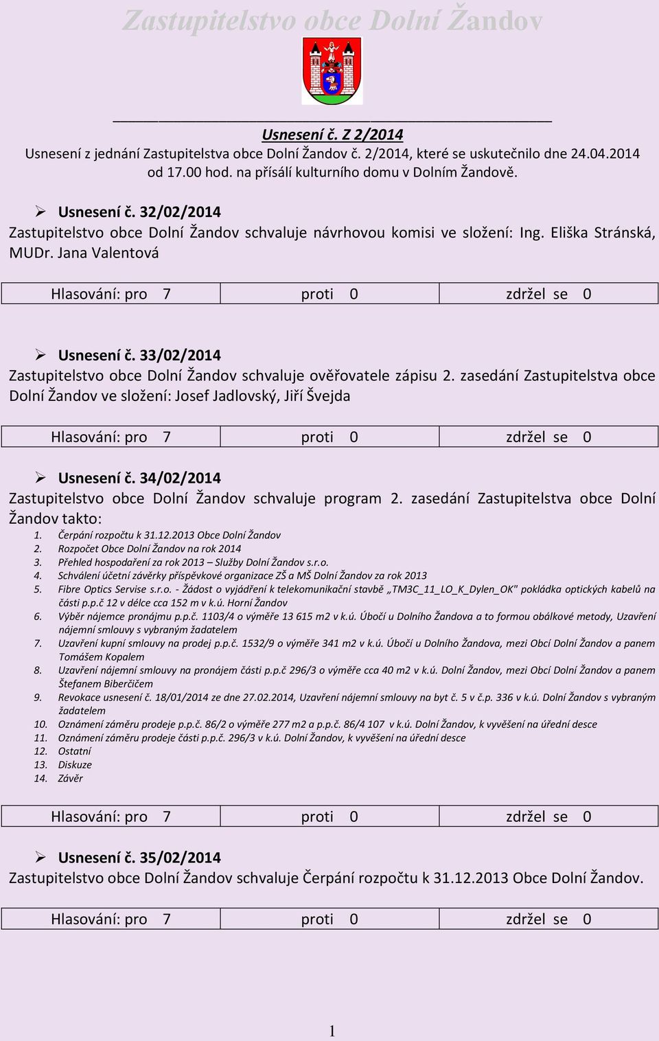 33/02/2014 Zastupitelstvo obce Dolní Žandov schvaluje ověřovatele zápisu 2. zasedání Zastupitelstva obce Dolní Žandov ve složení: Josef Jadlovský, Jiří Švejda Usnesení č.