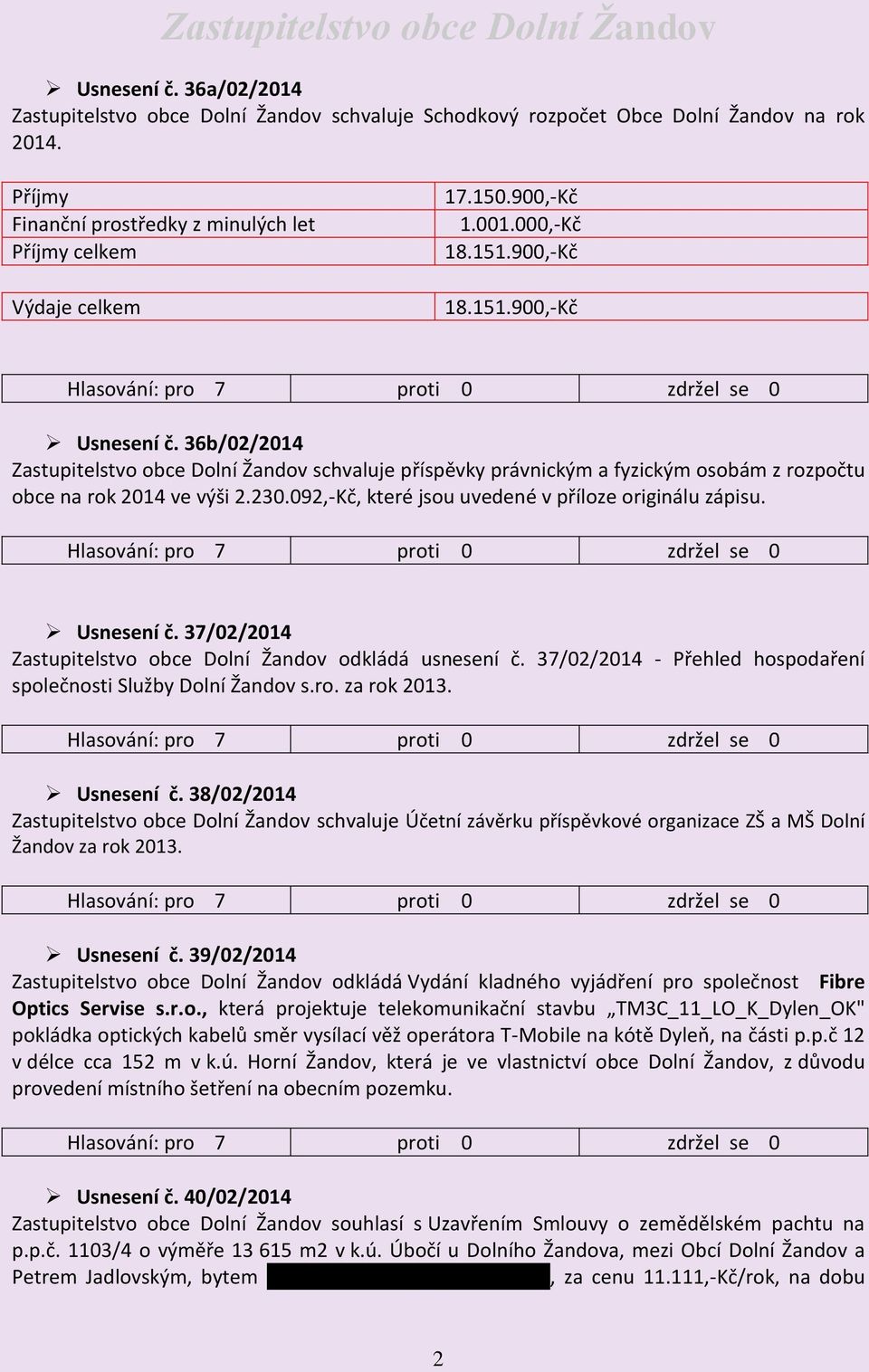 092,-Kč, které jsou uvedené v příloze originálu zápisu. Usnesení č. 37/02/2014 Zastupitelstvo obce Dolní Žandov odkládá usnesení č. 37/02/2014 - Přehled hospodaření společnosti Služby Dolní Žandov s.