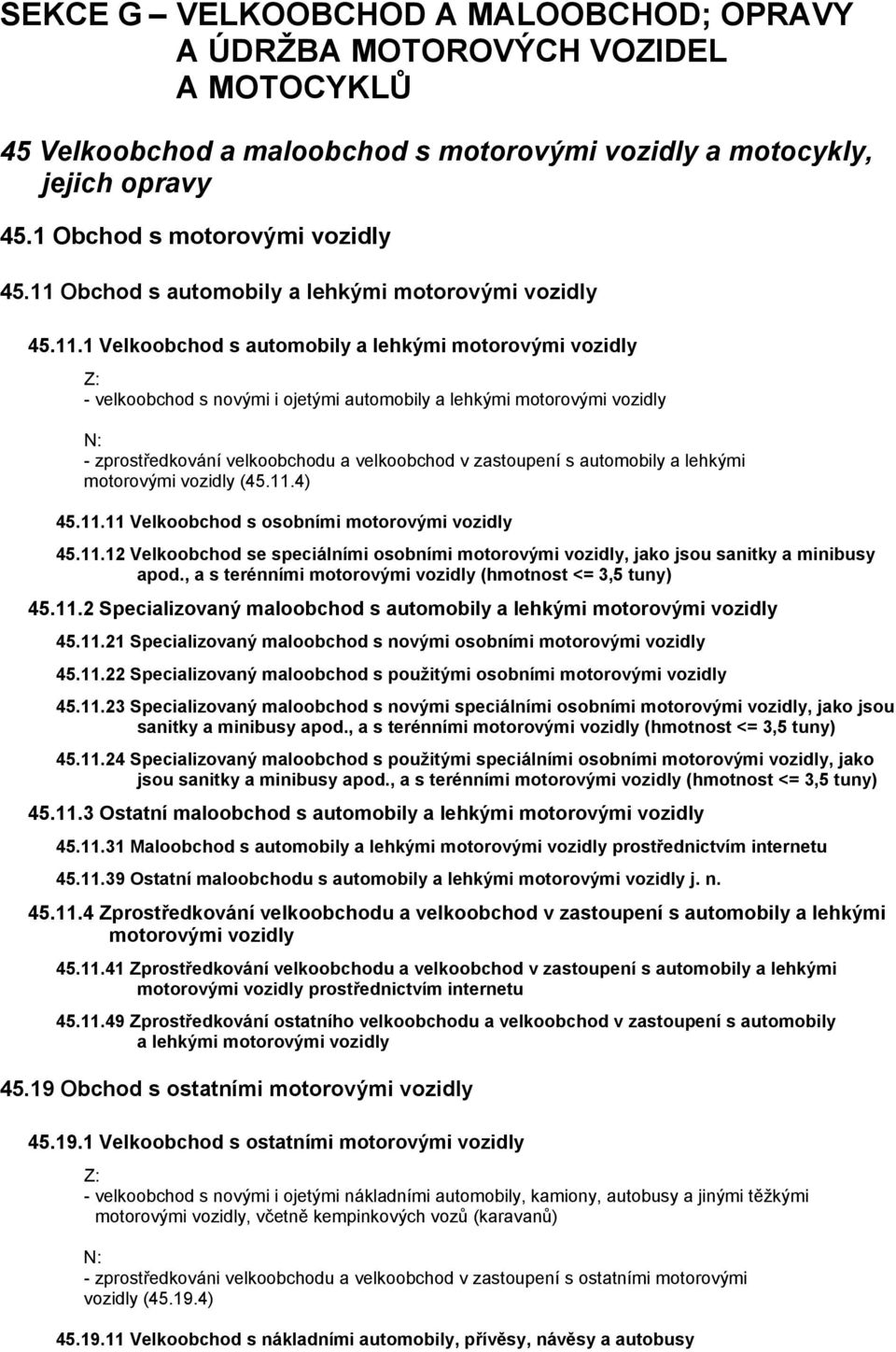 zprostředkování velkoobchodu a velkoobchod v zastoupení s automobily a lehkými motorovými vozidly (45.11.4) 45.11.11 Velkoobchod s osobními motorovými vozidly 45.11.12 Velkoobchod se speciálními osobními motorovými vozidly, jako jsou sanitky a minibusy apod.