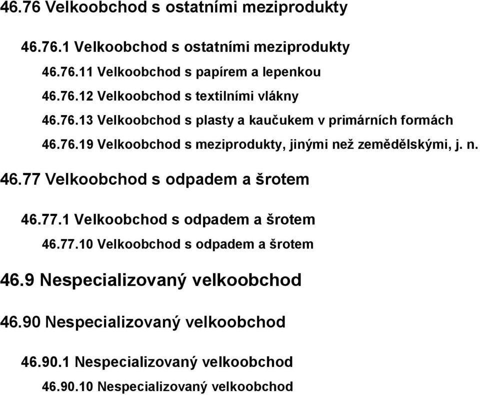 77.1 Velkoobchod s odpadem a šrotem 46.77.10 Velkoobchod s odpadem a šrotem 46.9 Nespecializovaný velkoobchod 46.