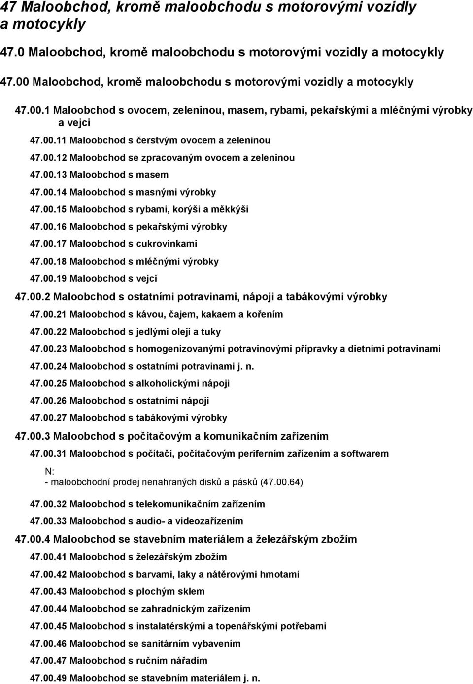 00.12 Maloobchod se zpracovaným ovocem a zeleninou 47.00.13 Maloobchod s masem 47.00.14 Maloobchod s masnými výrobky 47.00.15 Maloobchod s rybami, korýši a měkkýši 47.00.16 Maloobchod s pekařskými výrobky 47.