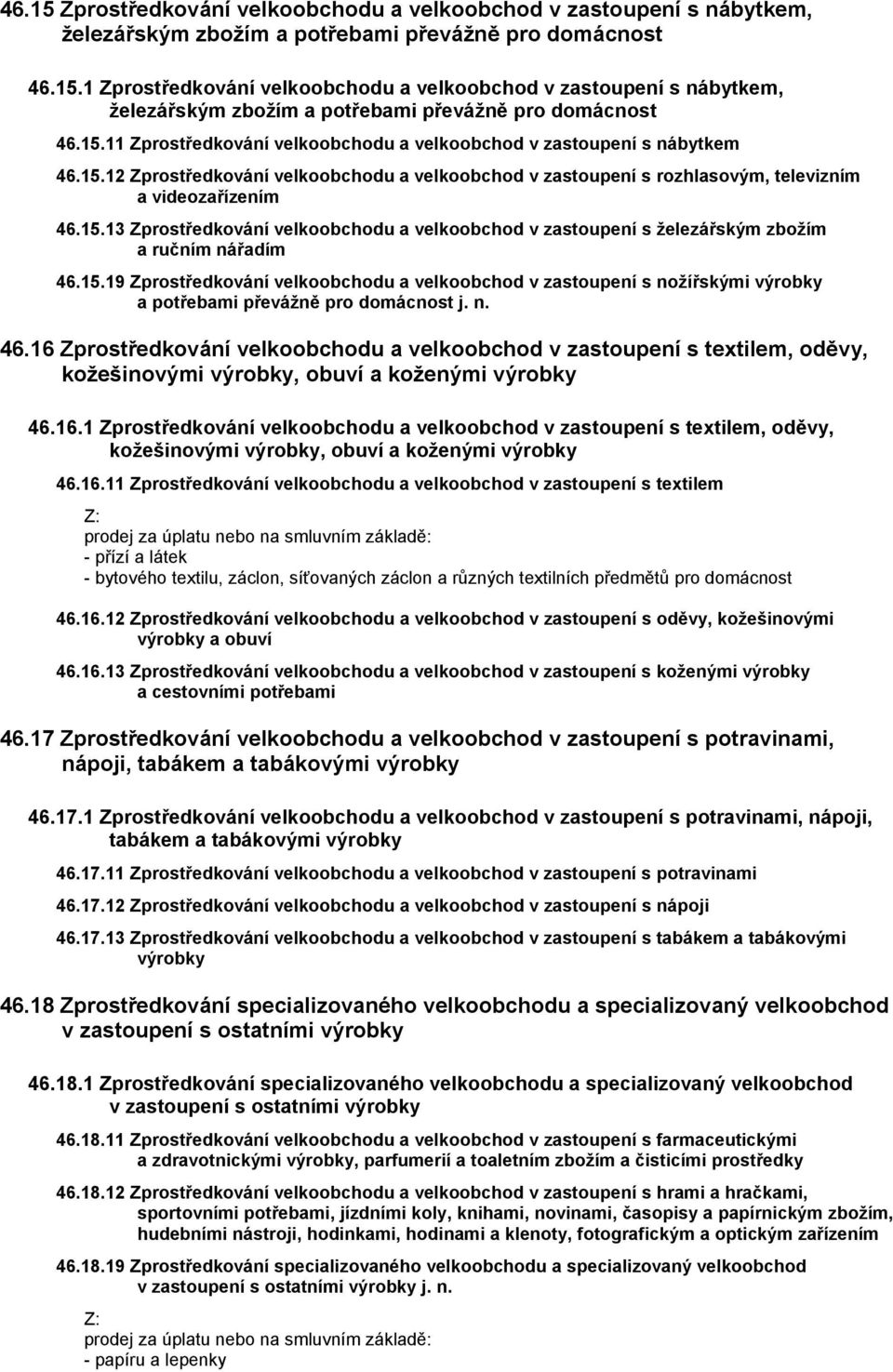 15.19 Zprostředkování velkoobchodu a velkoobchod v zastoupení s nožířskými výrobky a potřebami převážně pro domácnost j. n. 46.