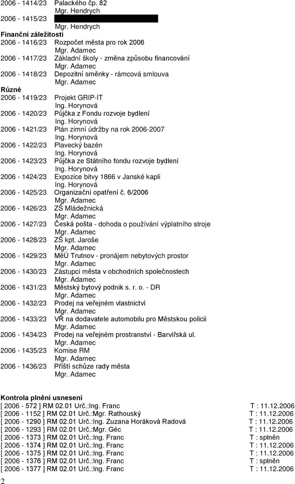 2006-1419/23 Projekt GRIP-IT Ing. Horynová 2006-1420/23 Půjčka z Fondu rozvoje bydlení Ing. Horynová 2006-1421/23 Plán zimní údržby na rok 2006-2007 Ing. Horynová 2006-1422/23 Plavecký bazén Ing.