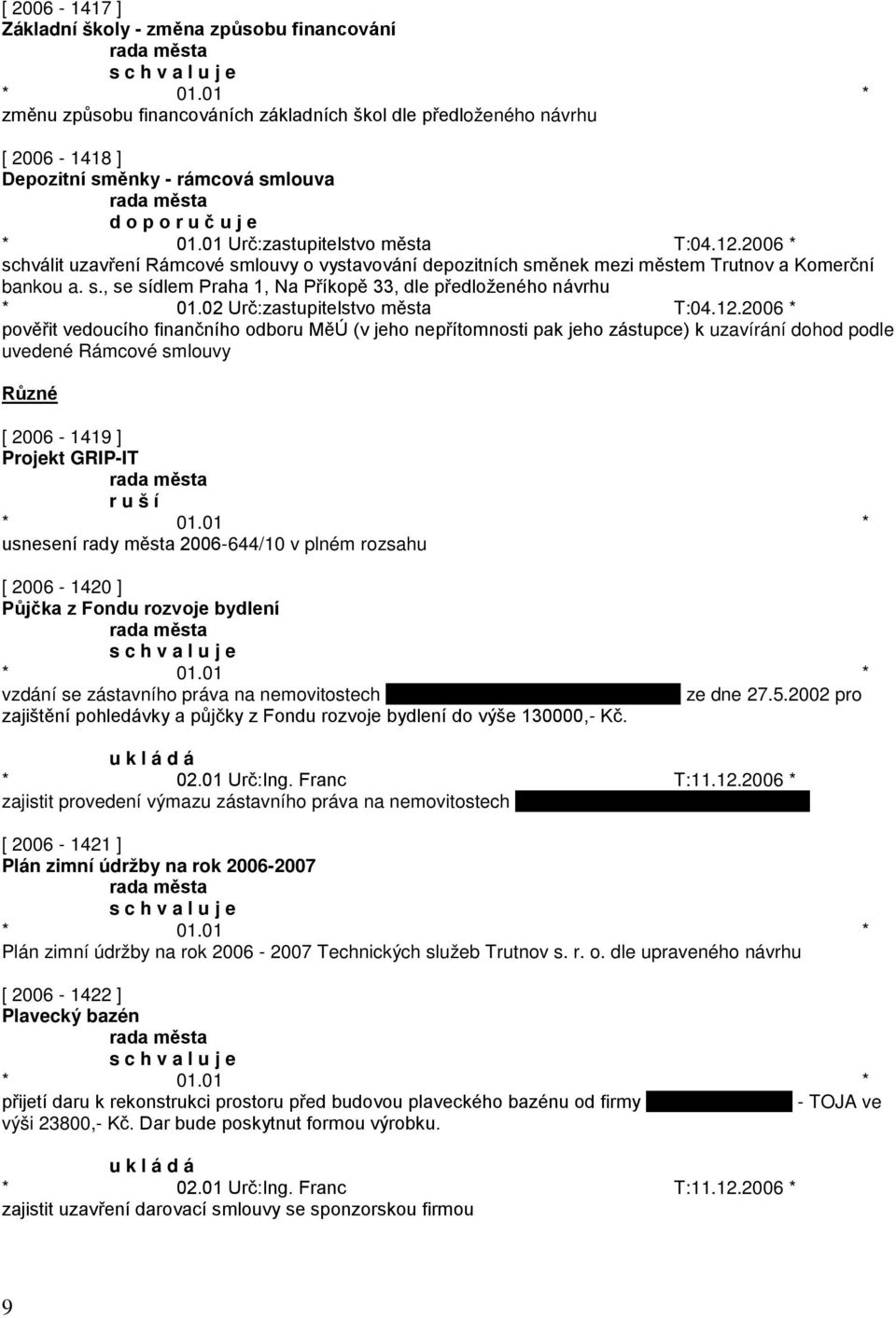 2006 * pověřit vedoucího finančního odboru MěÚ (v jeho nepřítomnosti pak jeho zástupce) k uzavírání dohod podle uvedené Rámcové smlouvy Různé [ 2006-1419 ] Projekt GRIP-IT r u š í usnesení rady města