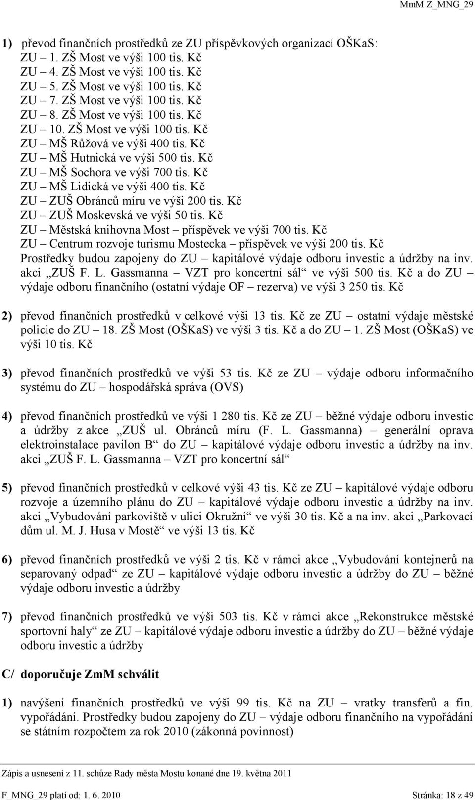 Kč ZU MŠ Lidická ve výši 400 tis. Kč ZU ZUŠ Obráncŧ míru ve výši 200 tis. Kč ZU ZUŠ Moskevská ve výši 50 tis. Kč ZU Městská knihovna Most příspěvek ve výši 700 tis.