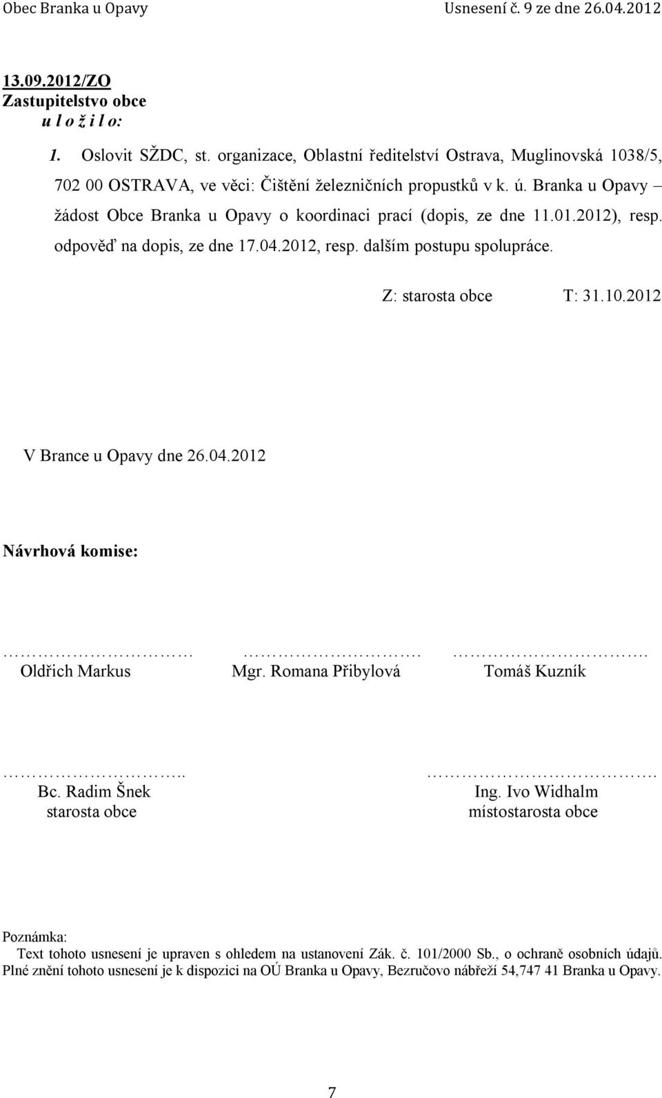 2012 V Brance u Opavy dne 26.04.2012 Návrhová komise:.. Oldřich Markus Mgr. Romana Přibylová Tomáš Kuzník.. Bc. Radim Šnek starosta obce. Ing.