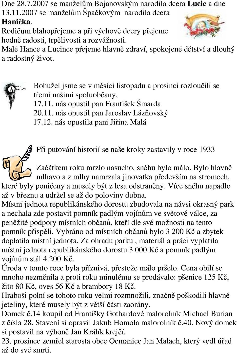 Bohužel jsme se v měsíci listopadu a prosinci rozloučili se třemi našimi spoluobčany. 17.11. nás opustil pan František Šmarda 20.11. nás opustil pan Jaroslav Lázňovský 17.12.
