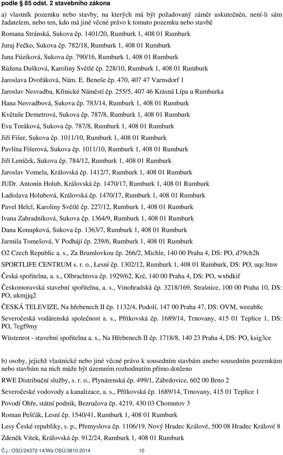Stránská, Sukova p. 1401/20, Rumburk 1, 408 01 Rumburk Juraj Fe ko, Sukova p. 782/18, Rumburk 1, 408 01 Rumburk Jana Fúziková, Sukova p.