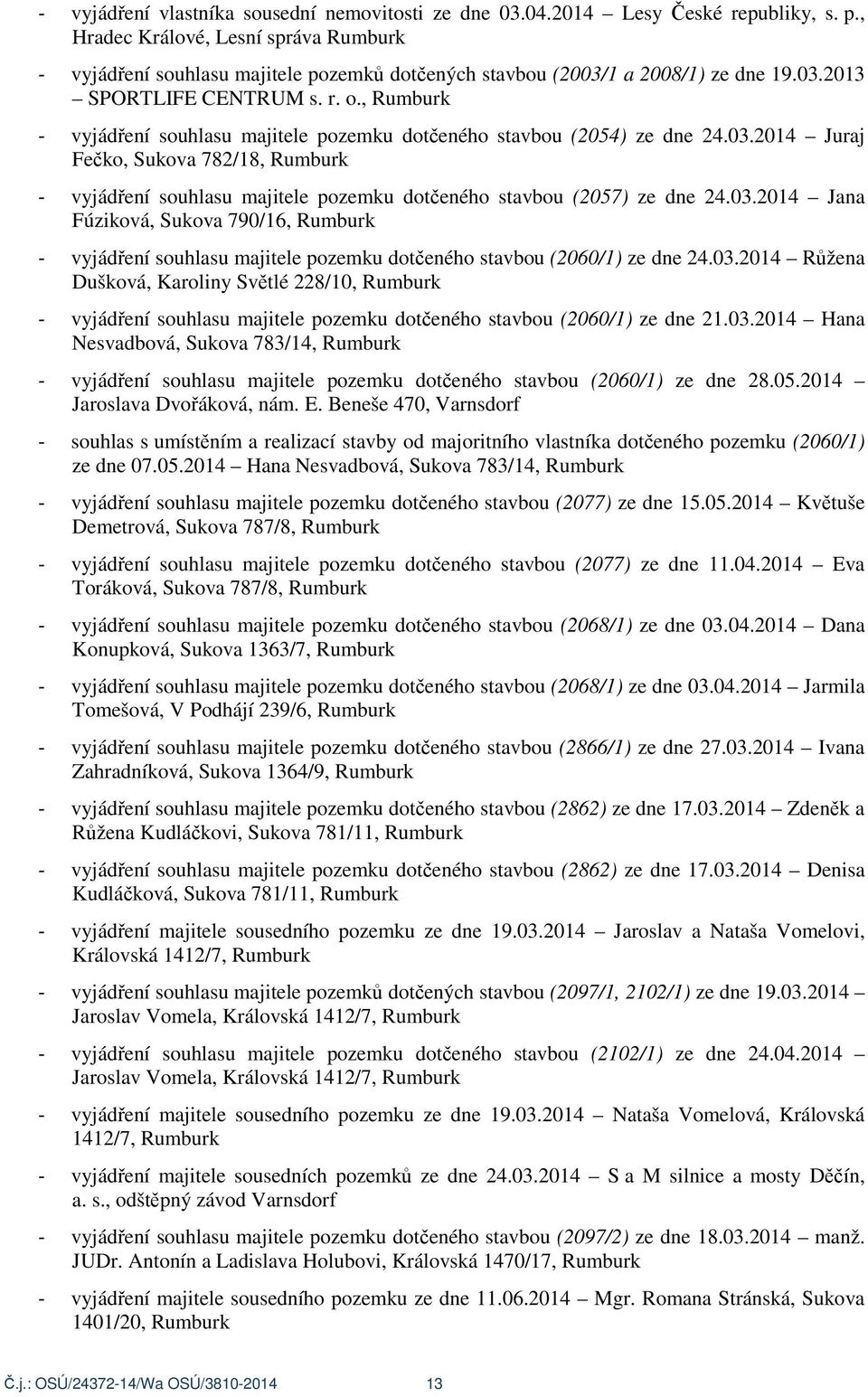 , Rumburk - vyjád ení souhlasu majitele pozemku dot eného stavbou (2054) ze dne 24.03.2014 Juraj Fe ko, Sukova 782/18, Rumburk - vyjád ení souhlasu majitele pozemku dot eného stavbou (2057) ze dne 24.