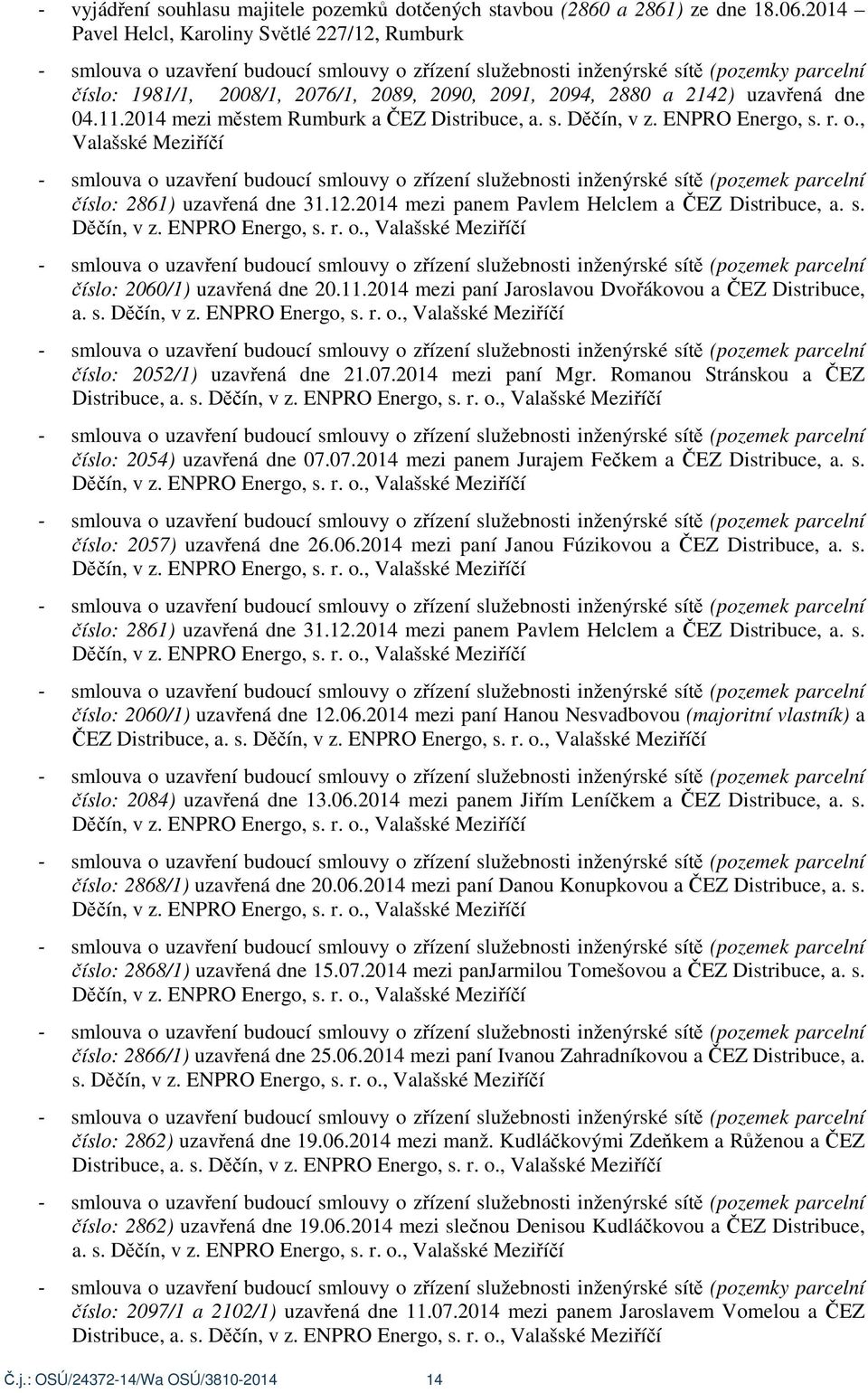 2880 a 2142) uzav ená dne 04.11.2014 mezi m stem Rumburk a EZ Distribuce, a. s. D ín, v z. ENPRO Energo, s. r. o., Valašské Mezi í í íslo: 2861) uzav ená dne 31.12.