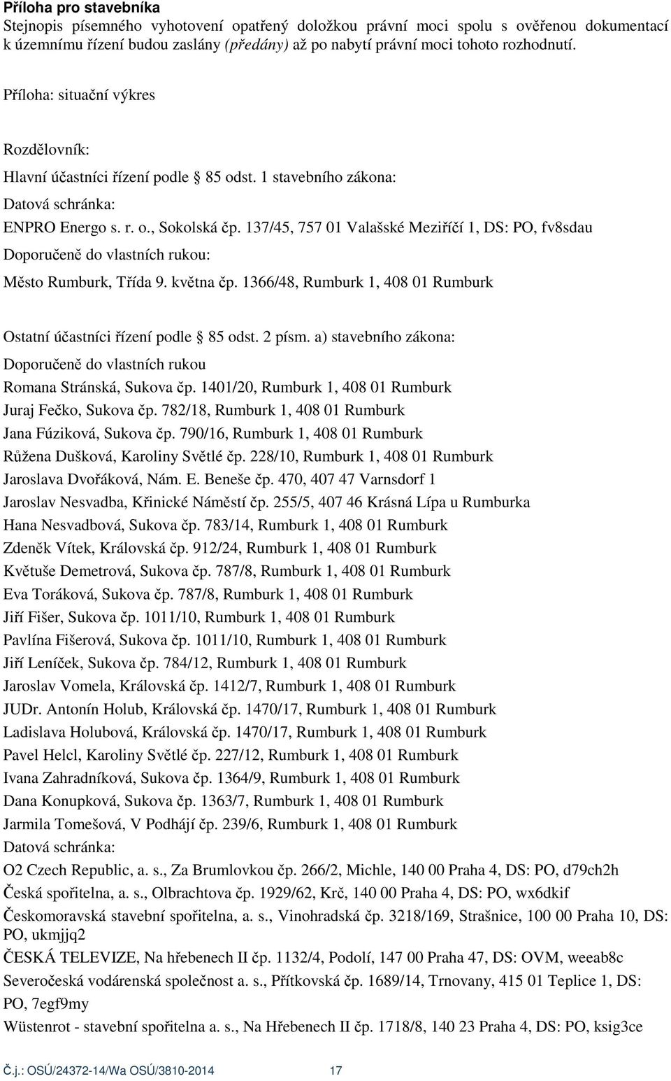 137/45, 757 01 Valašské Mezi í í 1, DS: PO, fv8sdau Doporu en do vlastních rukou: M sto Rumburk, T ída 9. kv tna p. 1366/48, Rumburk 1, 408 01 Rumburk Ostatní ú astníci ízení podle 85 odst. 2 písm.