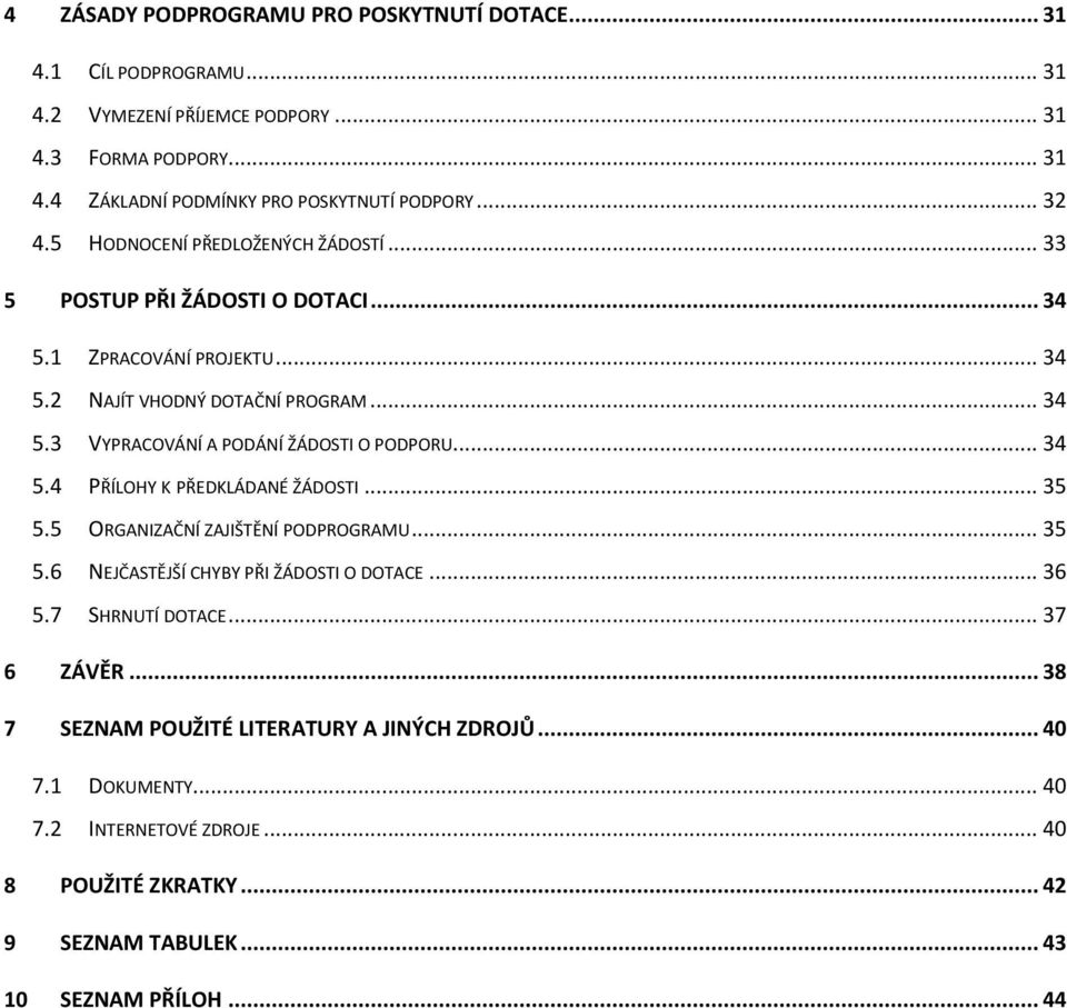 .. 34 5.4 PŘÍLOHY K PŘEDKLÁDANÉ ŽÁDOSTI... 35 5.5 ORGANIZAČNÍ ZAJIŠTĚNÍ PODPROGRAMU... 35 5.6 NEJČASTĚJŠÍ CHYBY PŘI ŽÁDOSTI O DOTACE... 36 5.7 SHRNUTÍ DOTACE... 37 6 ZÁVĚR.