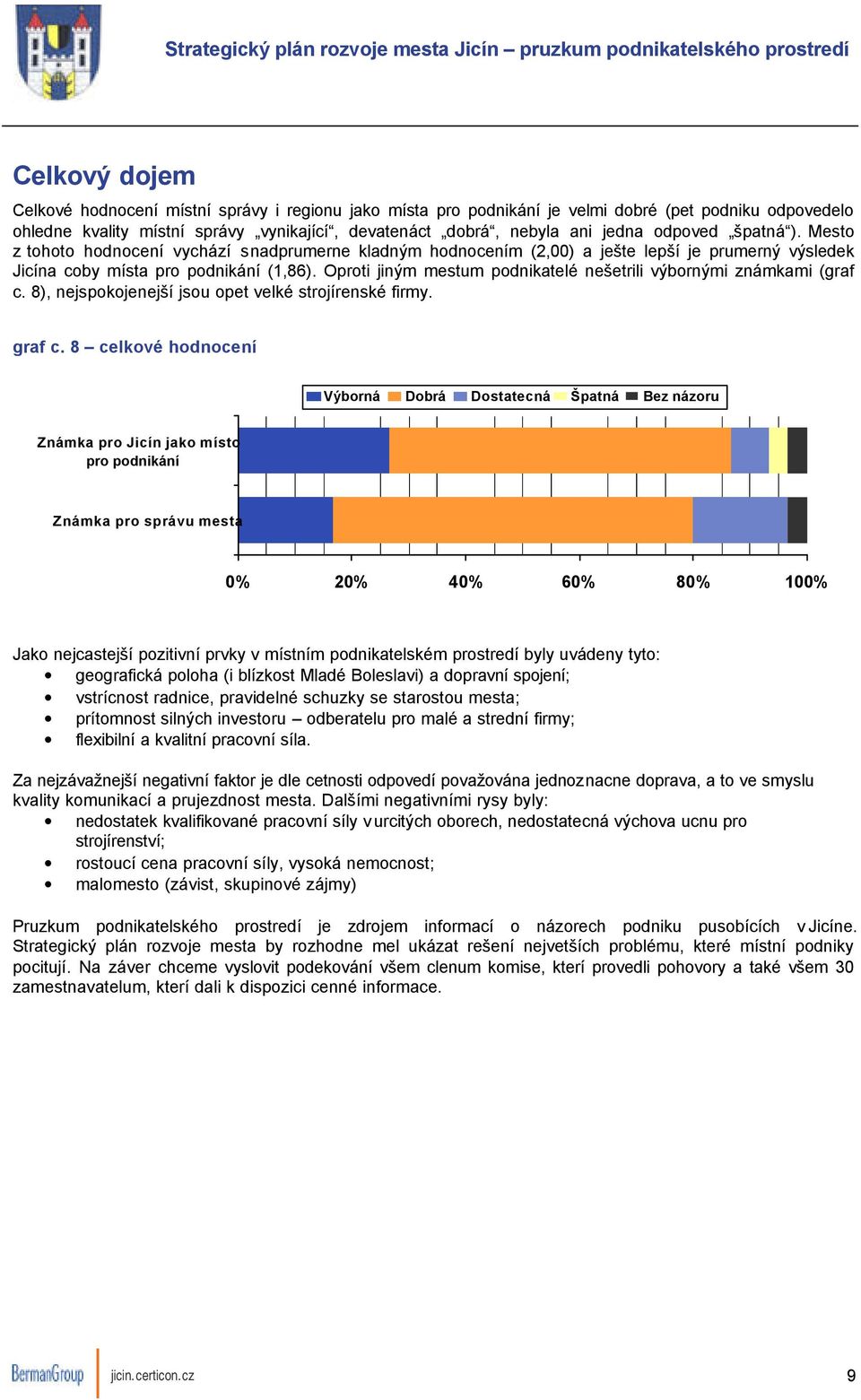Oproti jiným mestum podnikatelé nešetrili výbornými známkami (graf c. 8), nejspokojenejší jsou opet velké strojírenské firmy. graf c.