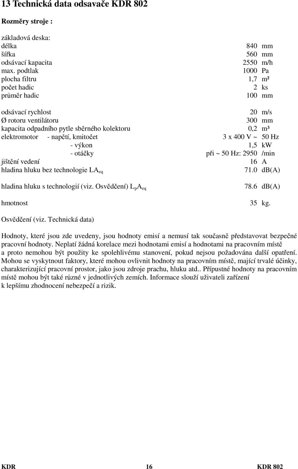 napětí, kmitočet 3 x 400 V ~ 50 Hz - výkon 1,5 kw - otáčky při ~ 50 Hz: 2950 /min jištění vedení 16 A hladina hluku bez technologie LA eq 71.0 db(a) hladina hluku s technologií (viz.
