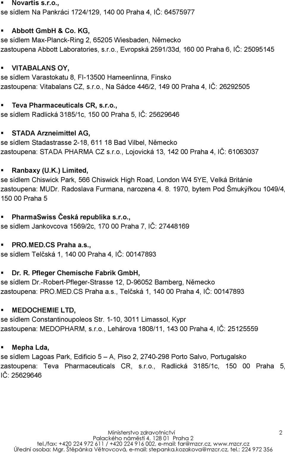 r.o., Lojovická 13, 142 00 Praha 4, IČ: 61063037 Ranbaxy (U.K.) Limited, se sídlem Chiswick Park, 566 Chiswick High Road, London W4 5YE, Velká Británie zastoupena: MUDr. Radoslava Furmana, narozena 4.