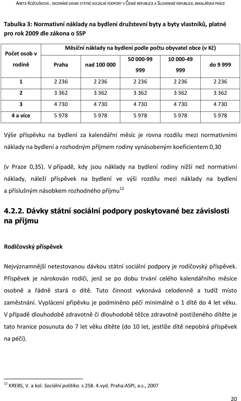 na bydlení za kalendářní měsíc je rovna rozdílu mezi normativními náklady na bydlení a rozhodným příjmem rodiny vynásobeným koeficientem 0,30 (v Praze 0,35).