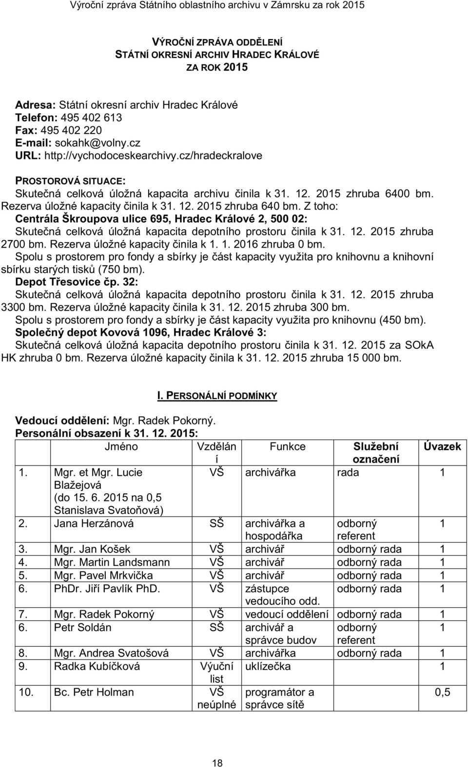 Z toho: Centrála Škroupova ulice 695, Hradec Králové 2, 500 02: Skute ná celková úložná kapacita depotního prostoru inila k 31. 12. 2015 zhruba 2700 bm. Rezerva úložné kapacity inila k 1. 1. 2016 zhruba 0 bm.