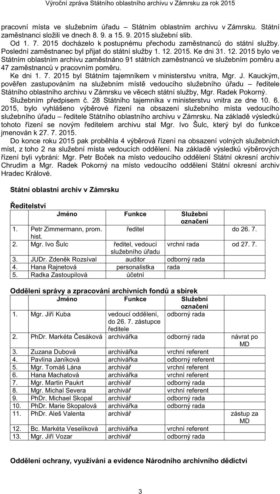 2015. Ke dni 31. 12. 2015 bylo ve Státním oblastním archivu zam stnáno 91 státních zam stnanc ve služebním pom ru a 47 zam stnanc v pracovním pom ru. Ke dni 1. 7.